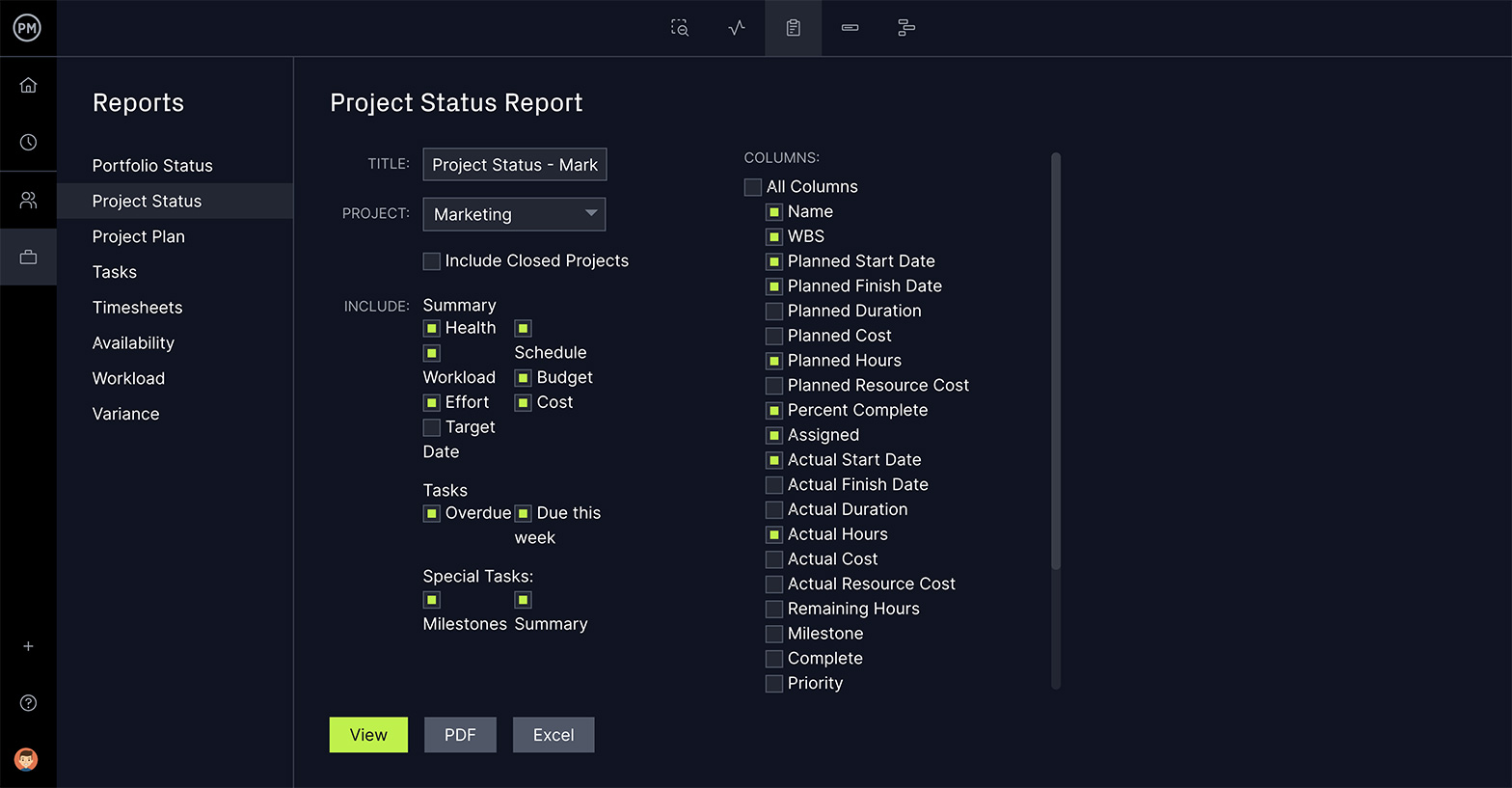 ProjectManager status report filter