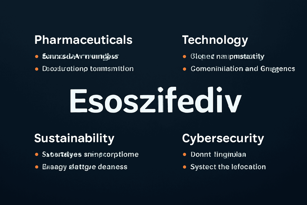 Infographic highlighting the term Esoszifediv, showcasing its applications in pharmaceuticals, technology, cybersecurity, and sustainability.