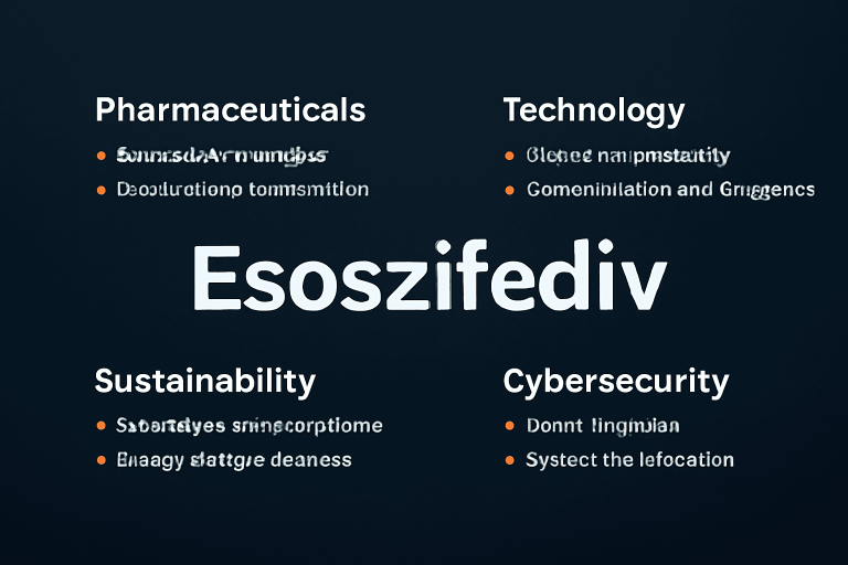 Infographic highlighting the term Esoszifediv, showcasing its applications in pharmaceuticals, technology, cybersecurity, and sustainability.
