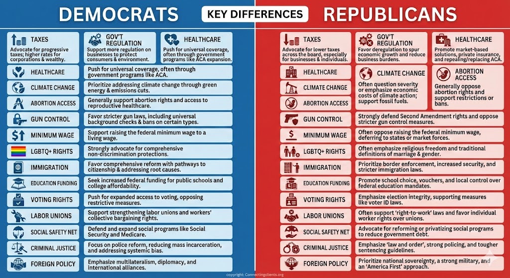 15 Differences Between Democrats and Republicans (Updated with 2025 Polling)