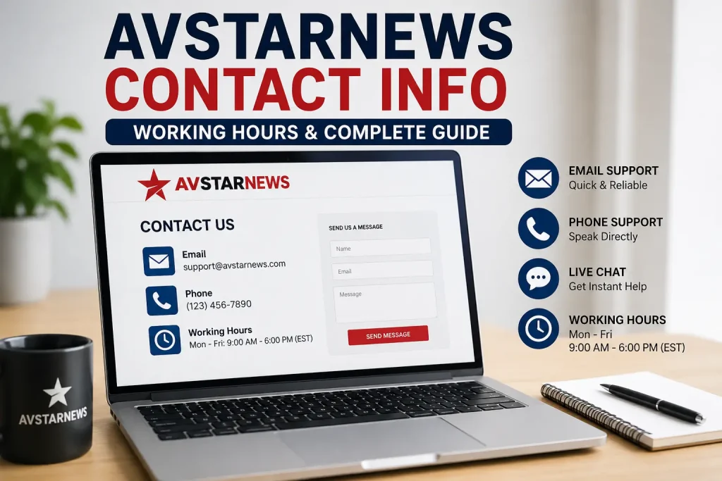 Avstarnews contact info guide showing working hours, email support, and contact methods on a modern laptop screen