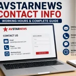Avstarnews contact info guide showing working hours, email support, and contact methods on a modern laptop screen