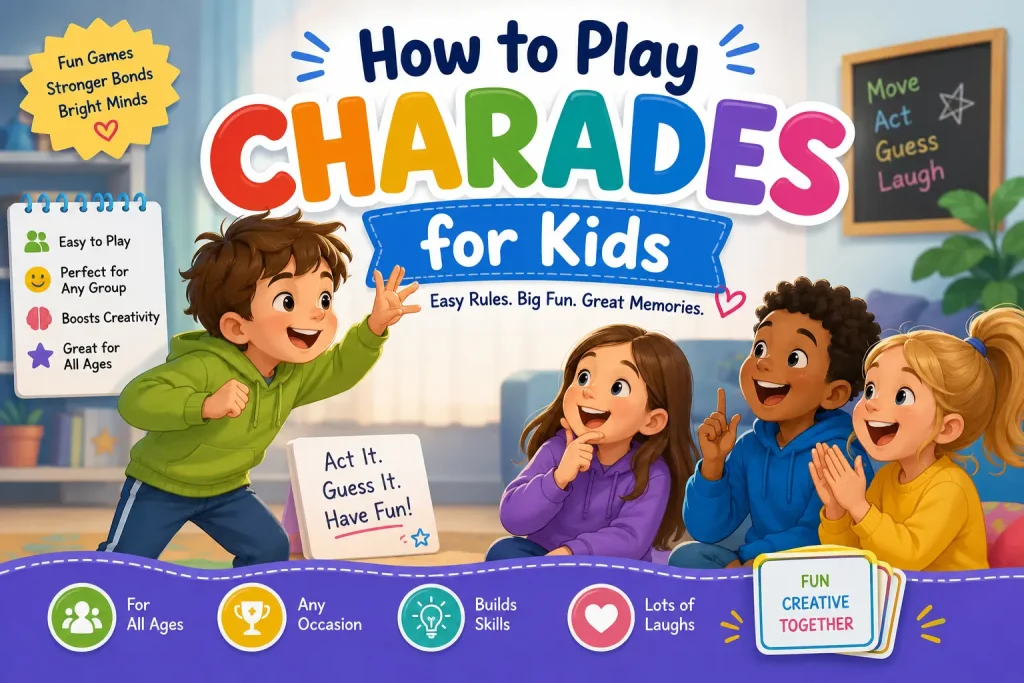 Children playing charades while one child acts out an animal as friends guess during a fun family game.