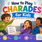 Children playing charades while one child acts out an animal as friends guess during a fun family game.
