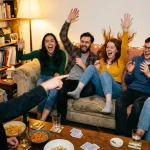 Group of friends playing reverse charades ideas game together at a party