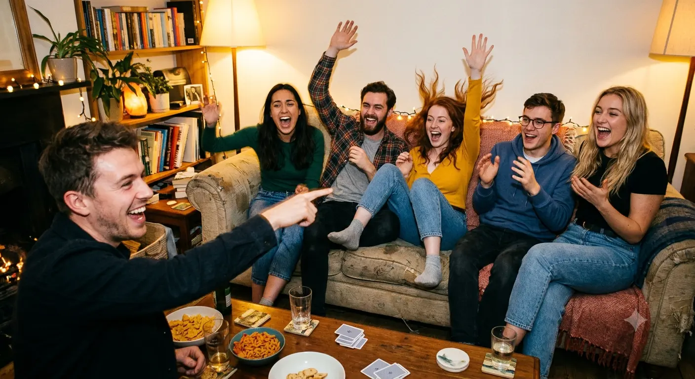 Group of friends playing reverse charades ideas game together at a party